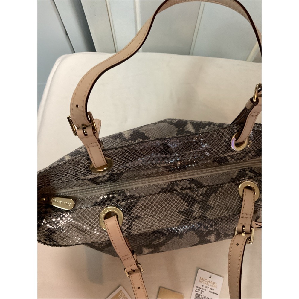 Michael Kors Python Tote Jet Set Tan Leather Shoulder Handbag MK Charm Logo - Picture 14 of 16